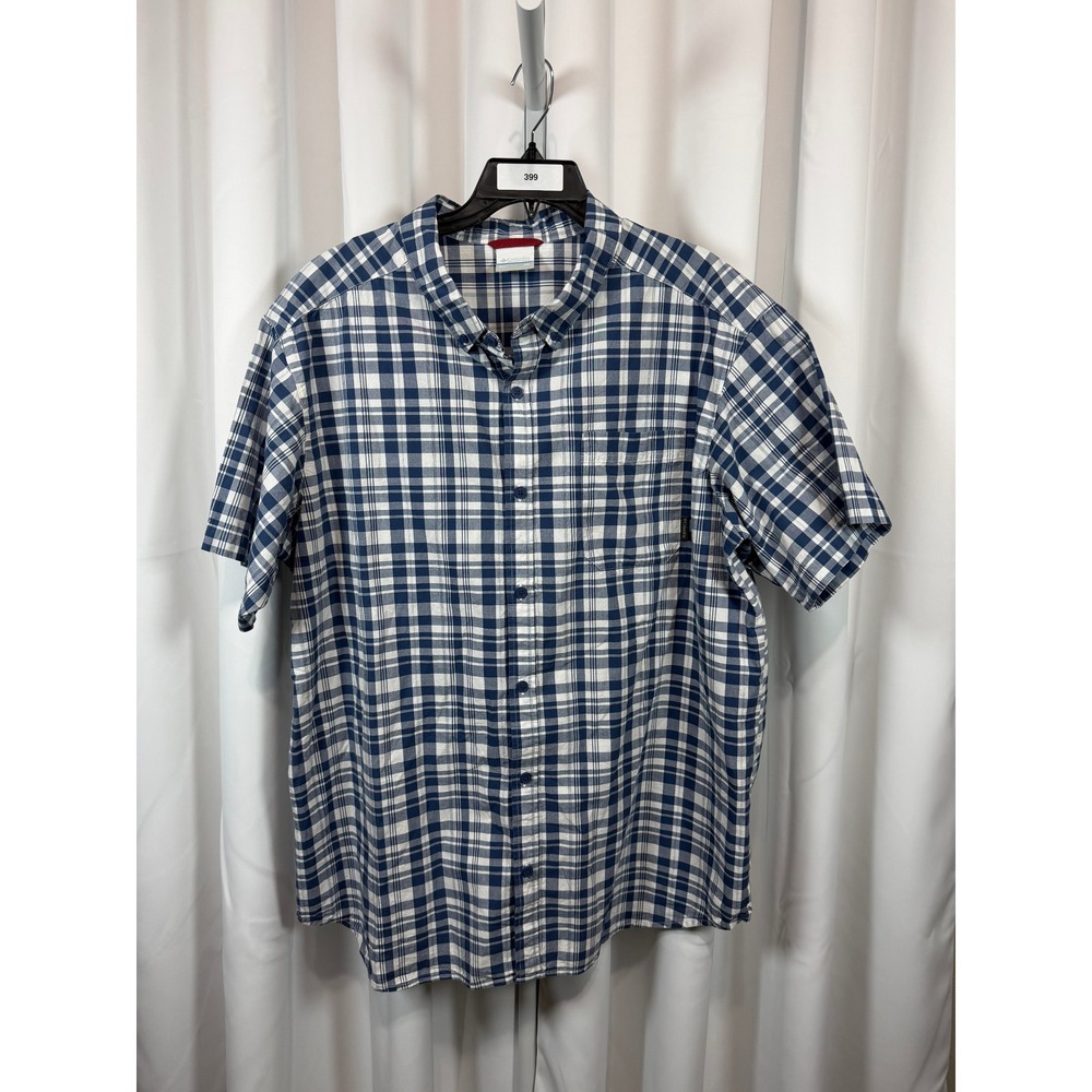 Columbia PFG Bahama II Shirt Mens XL Blue White Plaid Short Sleeve Fishing Top